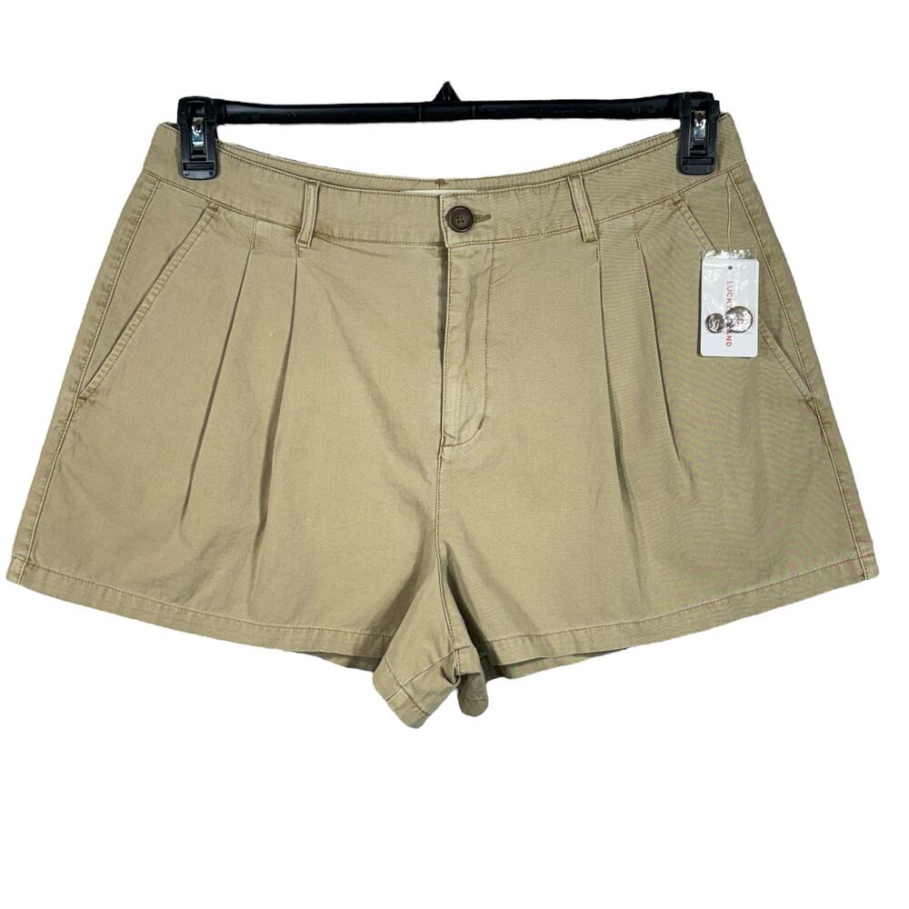 Lucky Brand SZ 14 Pleated Chino Shorts Hi-Rise Pockets Zip-Fly Tan Womens New
